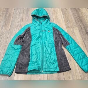Orage lightweight puffer jacket fleece sides size womens large teal gray hooded